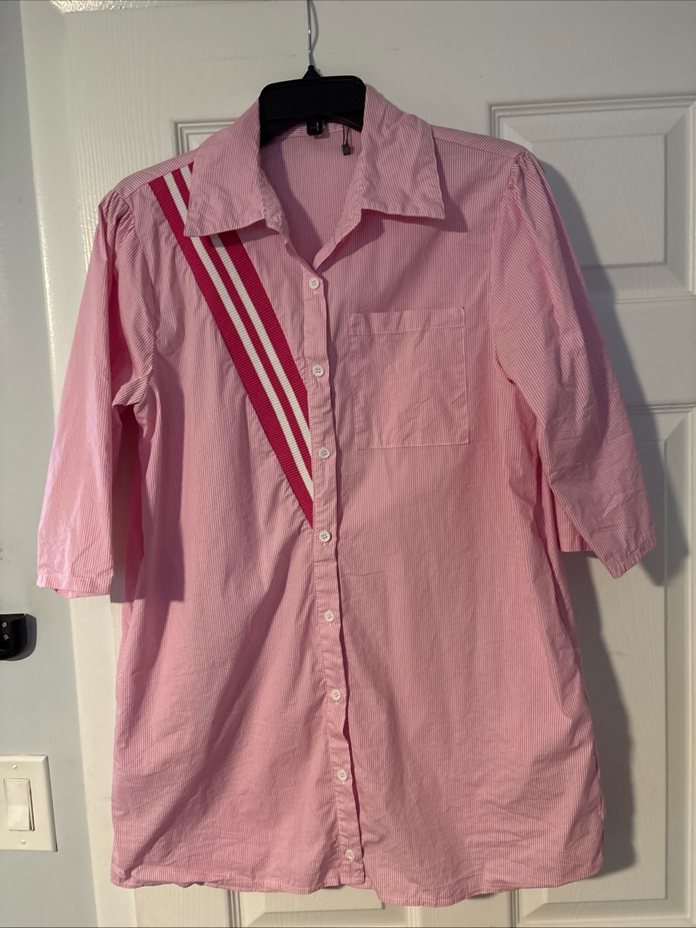 Joh Pink shirt dress , pockets with pink  & White Stripe Detail